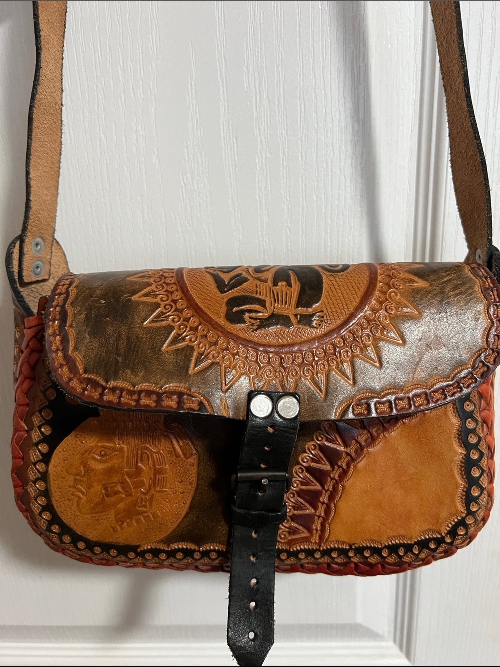 Vintage Hand-Tooled Leather Shoulder/Crossbody Bag in Brown & Tan